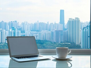 Poster - Laptop on a desk with a cup next to it in front of the window overlooking the city