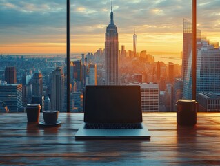 Poster - A modern office setting with a laptop in front of a cityscape at sunset