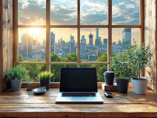 Poster - Laptop on a desk with plants and a cityscape view at sunset