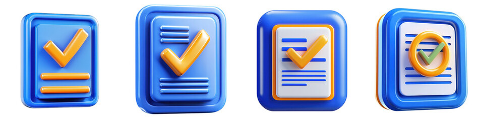 Poster - Checkmark icons on blue backgrounds representing completion and verification tasks. 3d cartoon style illustration