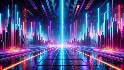 Poster - Abstract Panoramic Neon Laser Show Background - Pink Blue Violet Glowing Dynamic Lines & Equalizer