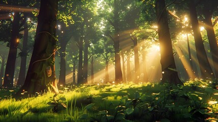  A hyper-realistic image of a lush green forest with tall trees, their trunks bathed in golden sunlight streaming through the canopy.