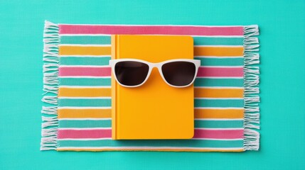 Poster - Bright yellow notebook with sunglasses on a colorful striped blanket, perfect for summer vibes and creative inspiration.