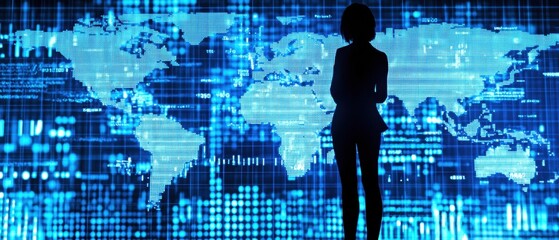 Poster - Silhouette of businesswoman standing against digital world map backdrop, symbolizing global communication and technology trends.