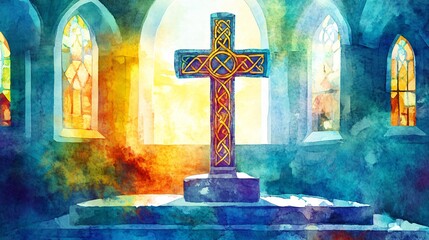 Vibrant Watercolor Painting of Celtic Cross in Church