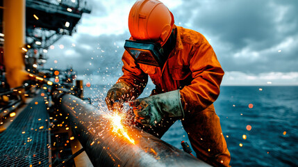skilled offshore maintenance engineer welding pipeline, sparks flying, focused safety and precision 