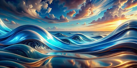 Poster - Abstract Surreal Blue Wave Background: Fluid Curves & Dynamic Lines