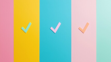 Poster - Vibrant colored backgrounds featuring paper checkmarks, ideal for design projects and uplifting visuals.