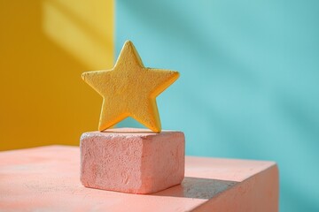 Poster - A vibrant yellow star on a pastel-colored pedestal, capturing playful creativity and artistic expression in a minimalistic setting.