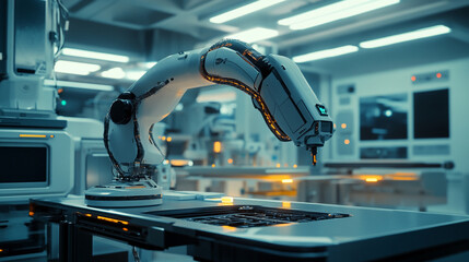 Poster - Advanced Robotic Arm in Modern Factory Setting Futuristic Technology Industrial Automation AI Gear  
