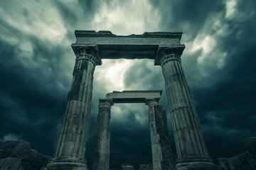 Poster - Ancient Greek ruins standing against a dramatic stormy sky 