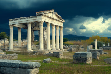 Poster - Ancient Greek ruins standing against a dramatic stormy sky 