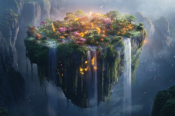 Wall Mural - An enchanted floating island with cascading waterfalls and glowing flora