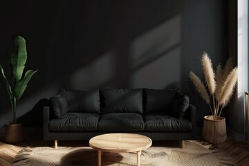 Wall Mural - Detailed Picture of Black Sofa in Living Room with Blank Table for Mock Up