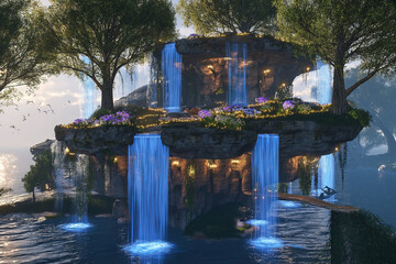 Poster - An enchanted floating island with cascading waterfalls and glowing flora