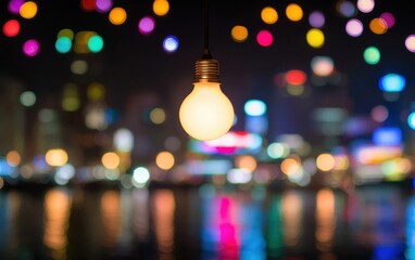 Poster - A glowing light bulb amidst a colorful bokeh background, creating a warm and inviting atmosphere at night. Perfect for decor and ambiance.