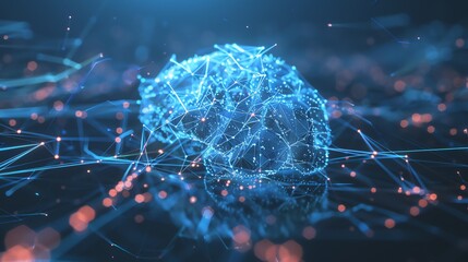 Poster - An abstract digital rendering of a brain with glowing blue and red lines and dots.