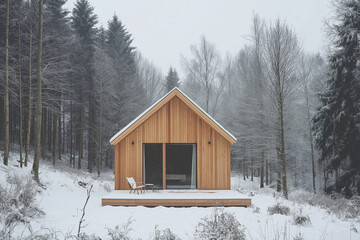 Poster - A wooden Scandinavian cabin in a snowy forest landscape