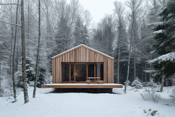Poster - A wooden Scandinavian cabin in a snowy forest landscape