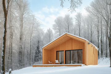Poster - A wooden Scandinavian cabin in a snowy forest landscape