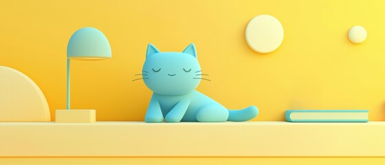 Sticker - A cute blue cat figurine rests on a yellow shelf with a lamp, book, and geometric shapes, creating a whimsical, minimalistic scene.