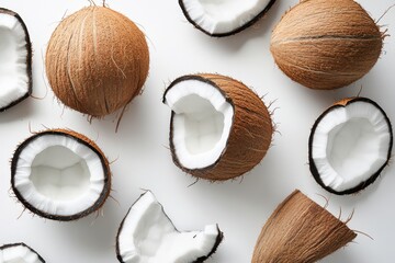 Wall Mural - Tropical coconuts cracked open on white background, flat lay food photography