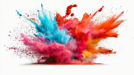 Poster - Vibrant Rainbow Paint Explosion, dynamic splashes of color, vivid powder bursts, artistic watercolor effect, isolated on white background, ideal for graphic design and creative projects