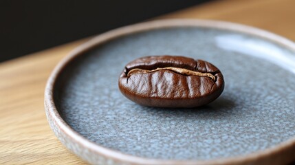 A single coffee bean on a gray plate, on a wooden table, for food and beverage