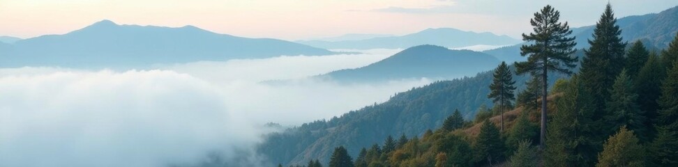  Foggy low clouds envelop trees on mountainside, nature, tree