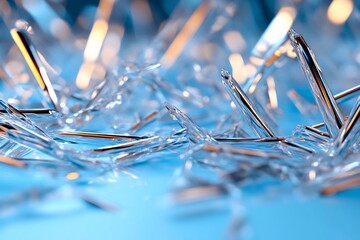 Canvas Print - Close-up of shimmering glass shards reflecting light on a blue surface