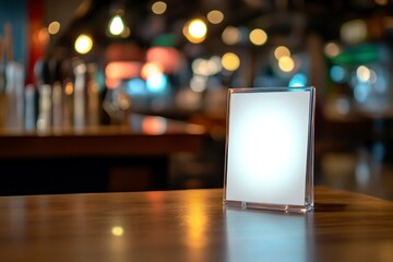 White blank menu holder mockup on a blurred background, close-up view. A bar and restaurant displaying the menu in an acrylic frame with space for text or design