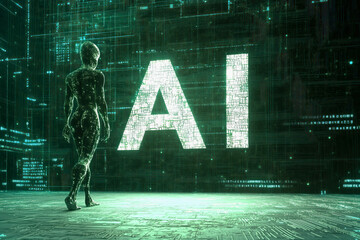 Fototapete - A futuristic human silhouette walks surrounded by glowing data streams and networked circuits in the direction of the inscription ‘AI’