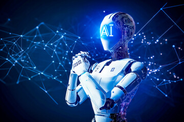 Fototapete - A futuristic humanoid robot with a digital head that lights up ‘AI’ surrounded by glowing data streams and networked circuits