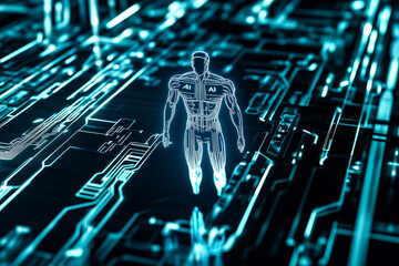 Fototapete - A glowing, futuristic humanoid figure labeled 