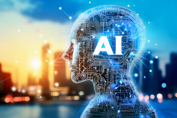 Poster - A futuristic human silhouette integrated with digital circuits and labeled 