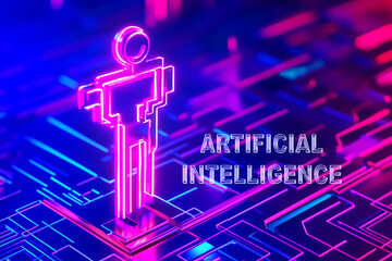 Fototapete - A glowing neon humanoid figure symbolizing artificial intelligence, surrounded by vibrant digital circuits with 
