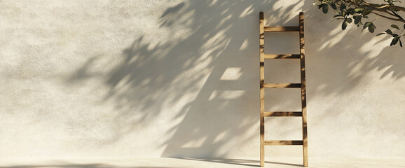 Poster - Wooden ladder casting shadows on a white wall with tree branch silhouette. Business background
