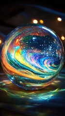 Poster - Abstract Glass Sphere with a Swirling Colorful Galaxy Interior Reflecting Light on Surface