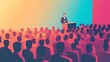 © Hoolity - A speaker presents to an audience, with vibrant colors highlighting the scene, illustrating engagement and communication in a professional setting.