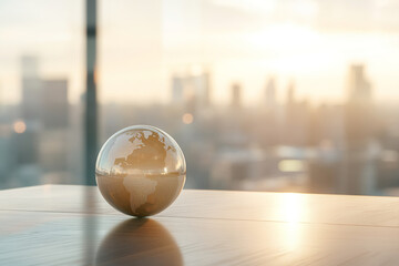 Poster - Glass globe on a wooden table with a blurred city skyline and sunrise background. Business background. Business background
