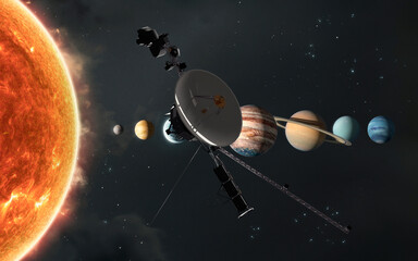 Wall Mural - 3d illustration of voyager spacecraft leaving solar system. high quality digital space sci-fi art in