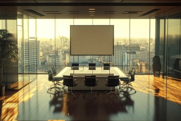 Canvas Print - A large glass conference room with modern furniture and a table. There is an empty whiteboard on the wall, a photo taken from behind of chairs around it in front of the window overlooking buildings. 