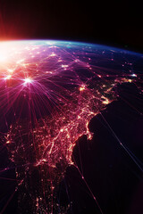 Poster - Glowing Earth network visualization with interconnected data points at night. Business background