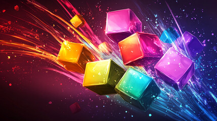 Aufkleber - Vibrant colorful cubes with dynamic motion trails and abstract cosmic background. Business background