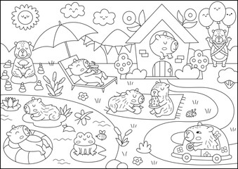 Wall Mural - Vector black and white capybara landscape illustration. Cute line scenery with capibaras, pond, garden, house. Funny detailed scene with animals swimming, relaxing. Happy land coloring page for kids