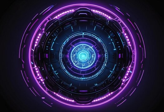 Futuristic circular design illuminated by vibrant blue and purple lights creating a high-tech atmosphere within a dark background