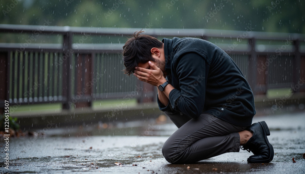 Despairing man kneeling in rain on pavement, emotional anguish Stock ...