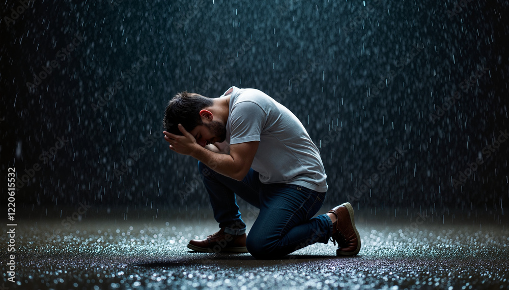 Despairing man kneeling in rain, emotional struggle in gloom Stock ...