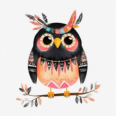 Bohemian Style Owl with Feathers and Vibrant Colors Perfect for Whimsical Decor