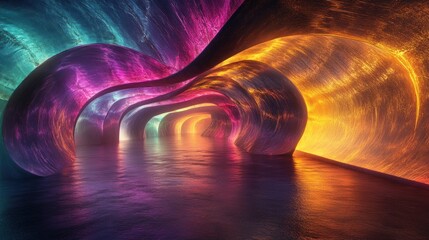 Poster - Abstract tunnel with flowing luminous colors in shades of blue purple and orange creating a mesmerizing and surreal scene